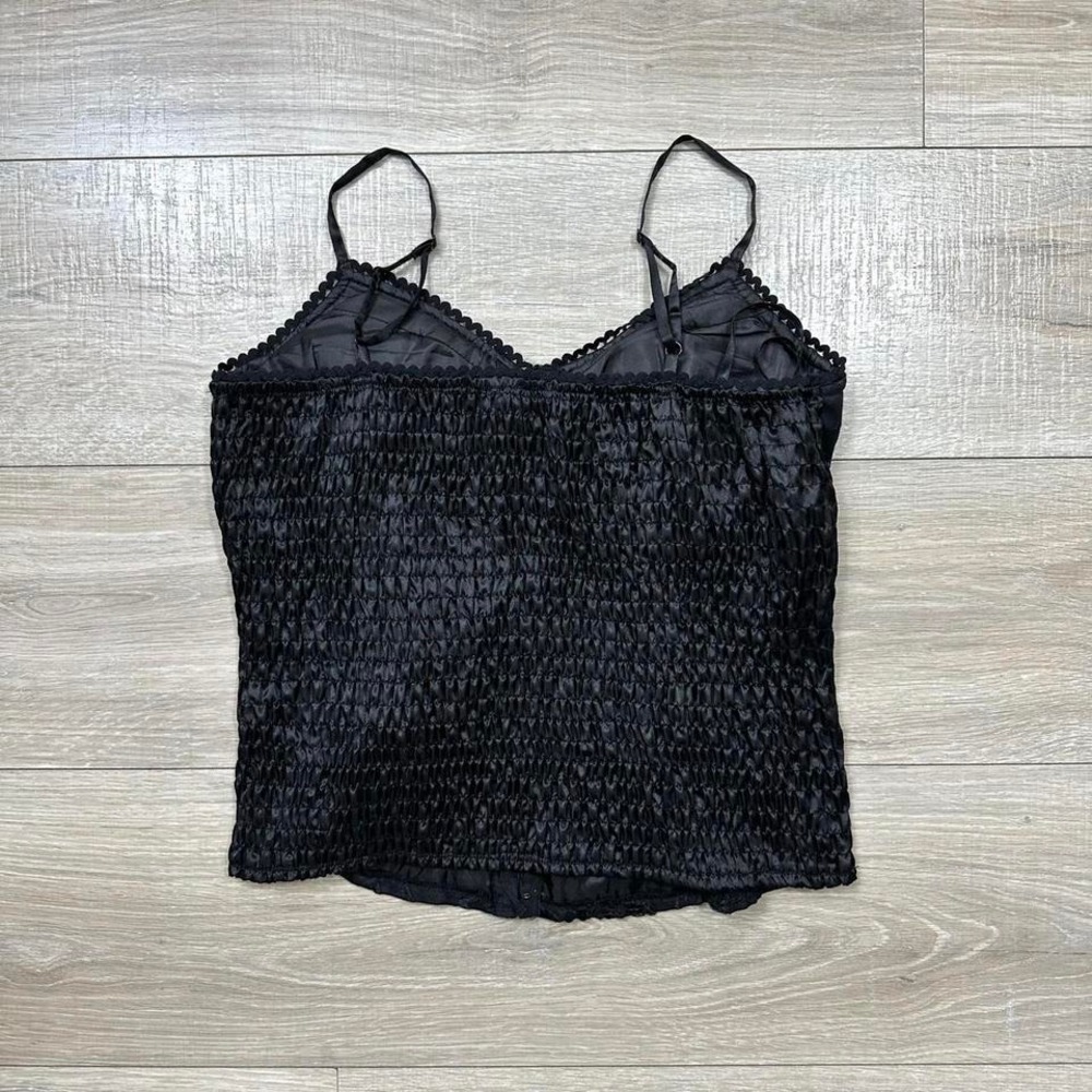 Y2K Ole Ole Black Cami Sequin Floral Embroidery Top Smocked Back Women's Medium - Picture 9 of 9